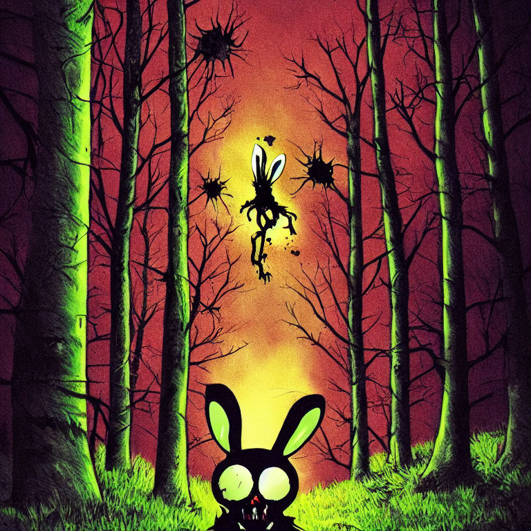 Eerie night forest scene with glowing green light, dark trees, spiders, and sinister rabbit