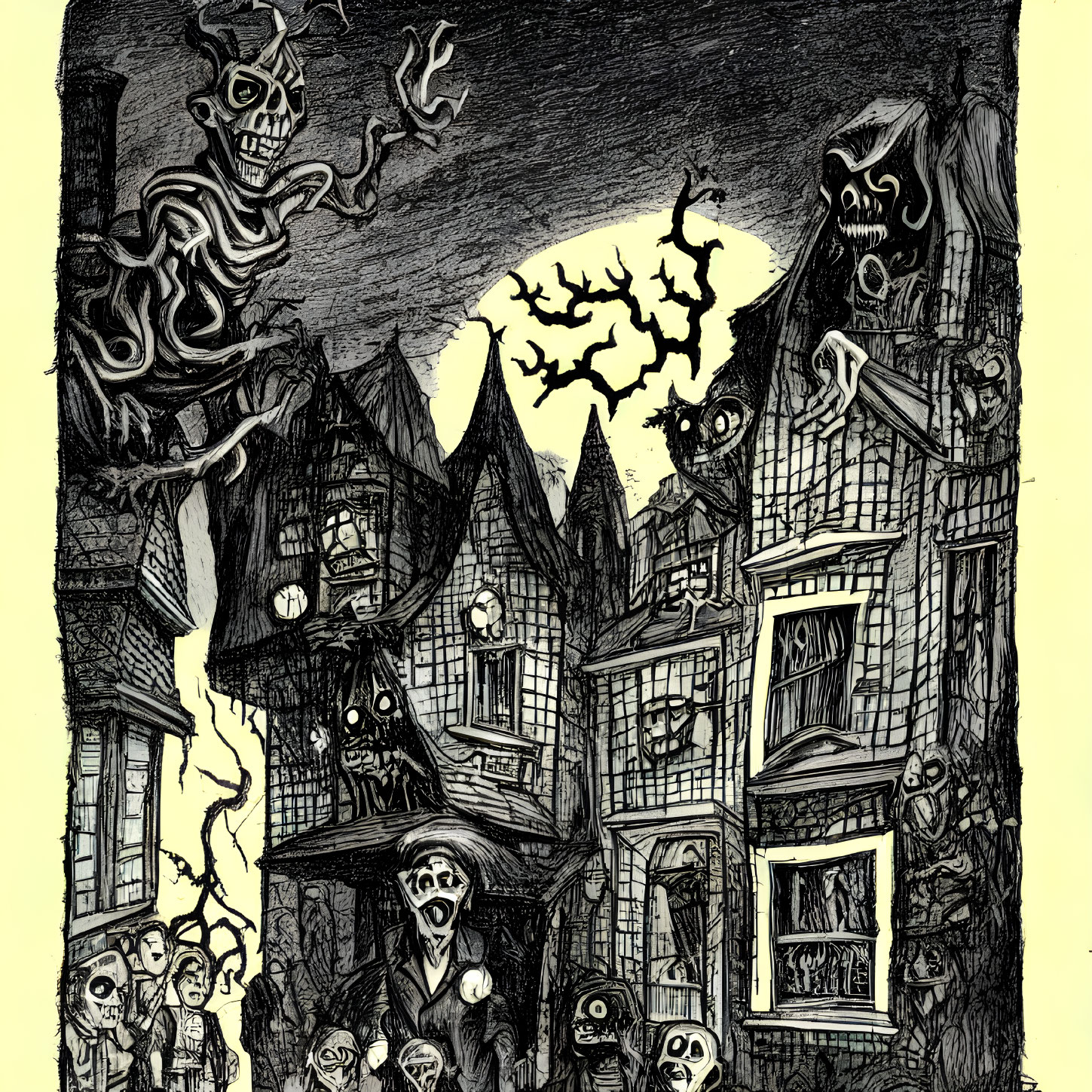 Spooky ink illustration of haunted houses, skeletons, and eerie figures