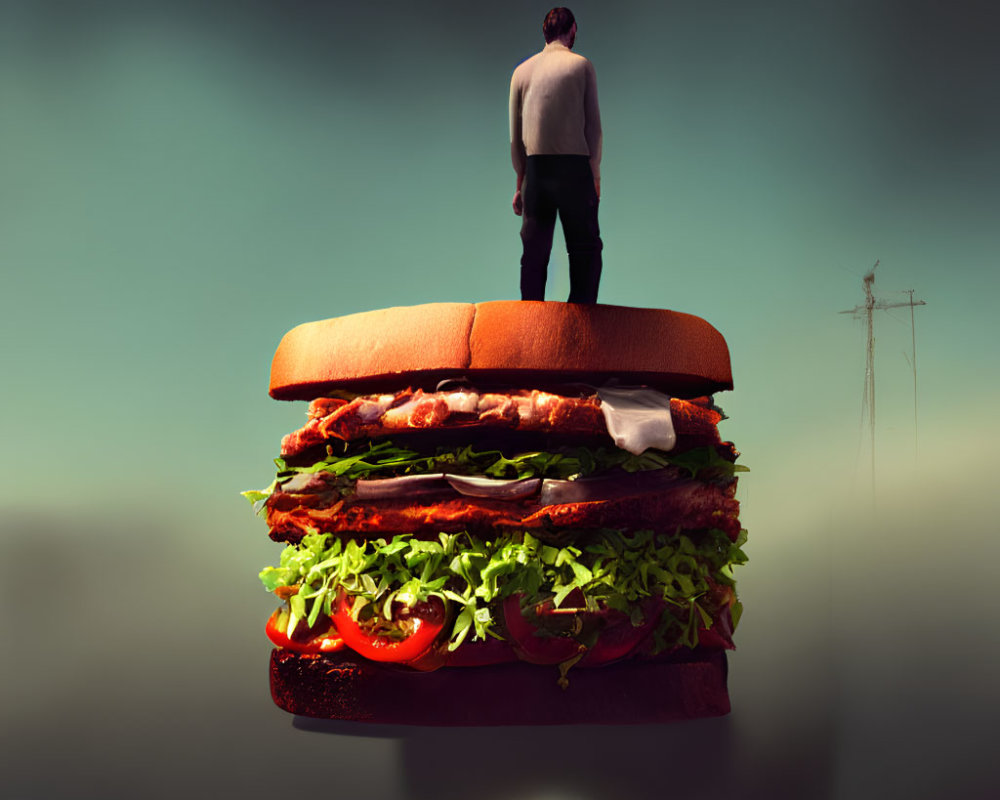 Person standing on colossal sandwich with foggy backdrop and transmission tower silhouette