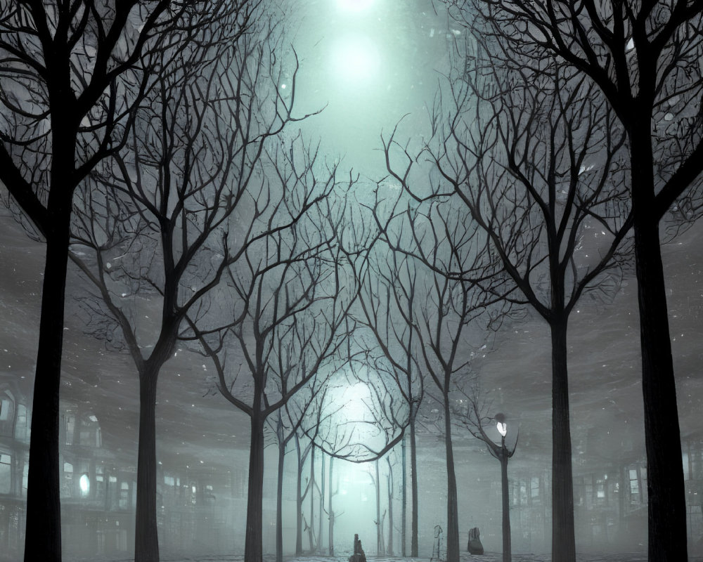 Solitary figure walking on misty, lamp-lit cobblestone path