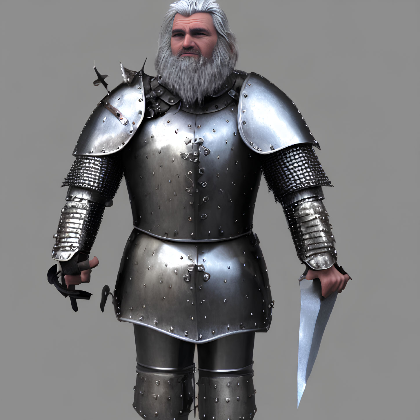 Elderly knight in full plate armor with sword on grey background