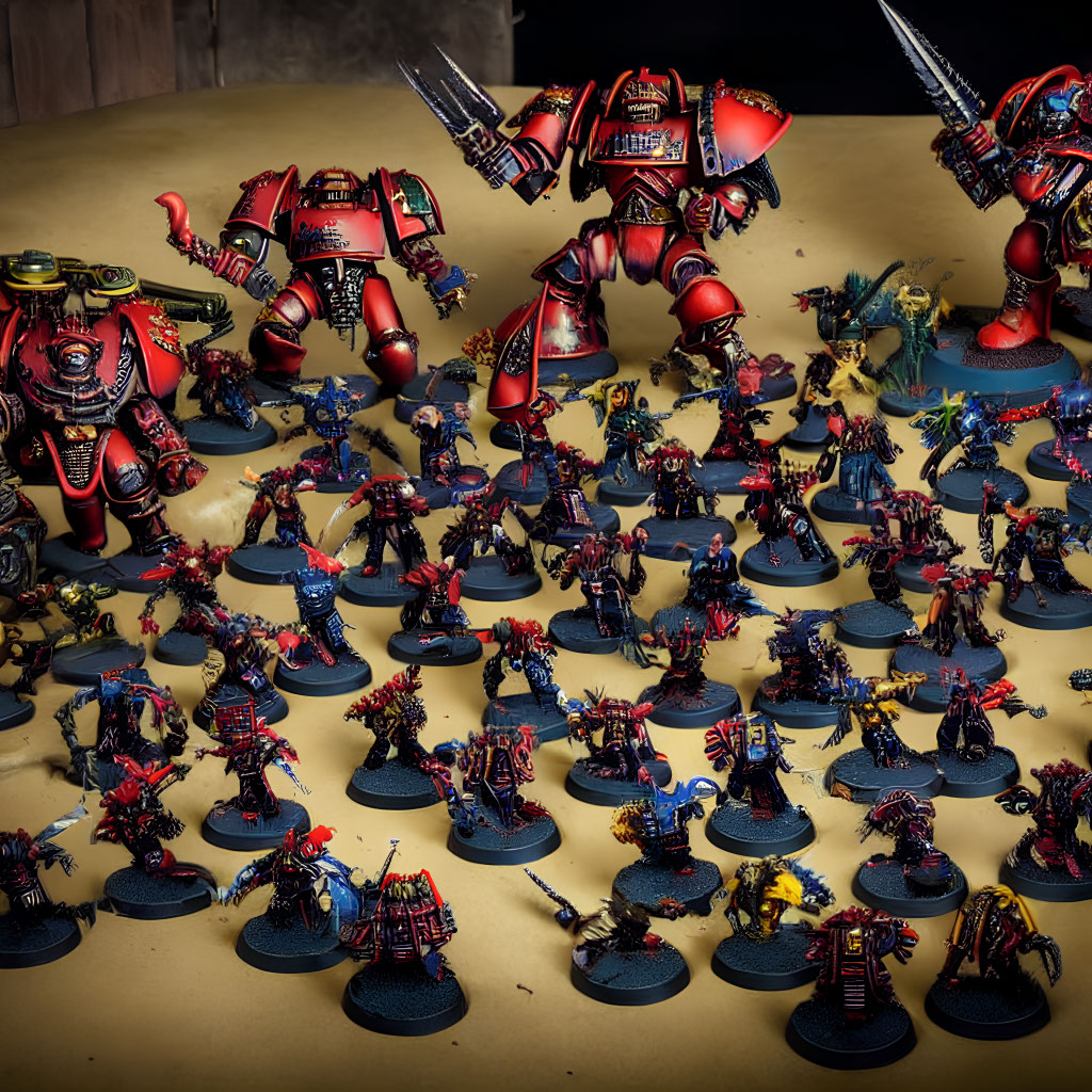 Colorful Warhammer miniatures: red armored robots and blue/yellow soldiers.