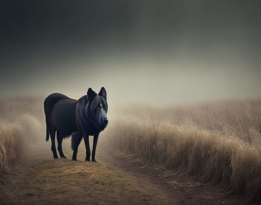 Surreal creature with horse body and wolf head in misty grassland