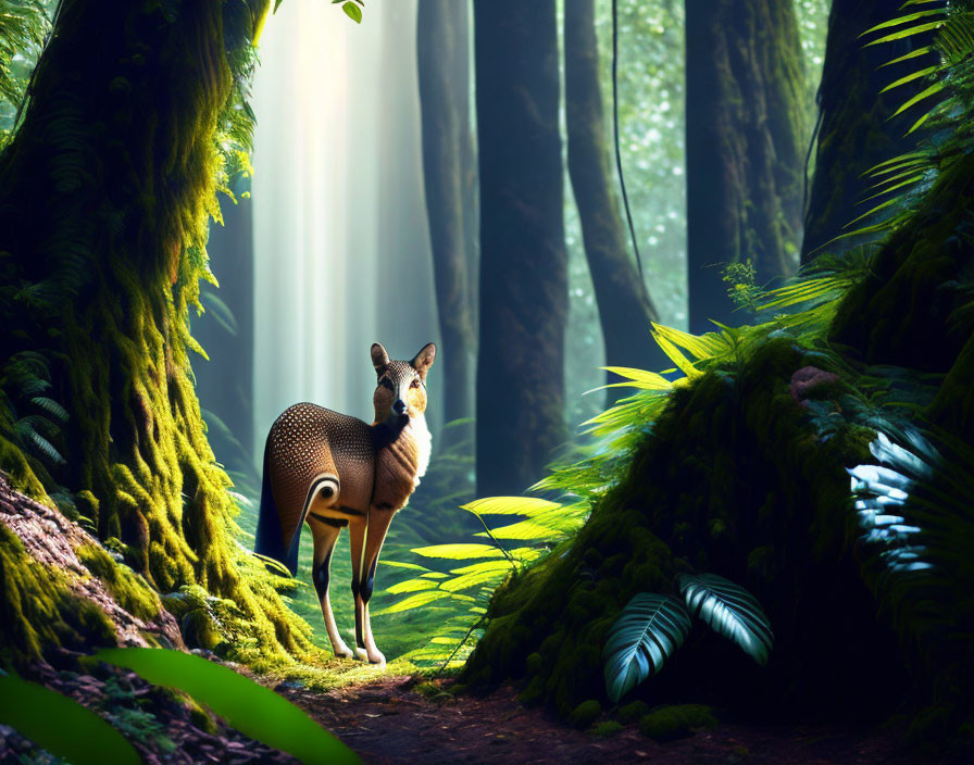 Mystical forest scene with deer and sunlight filtering through trees