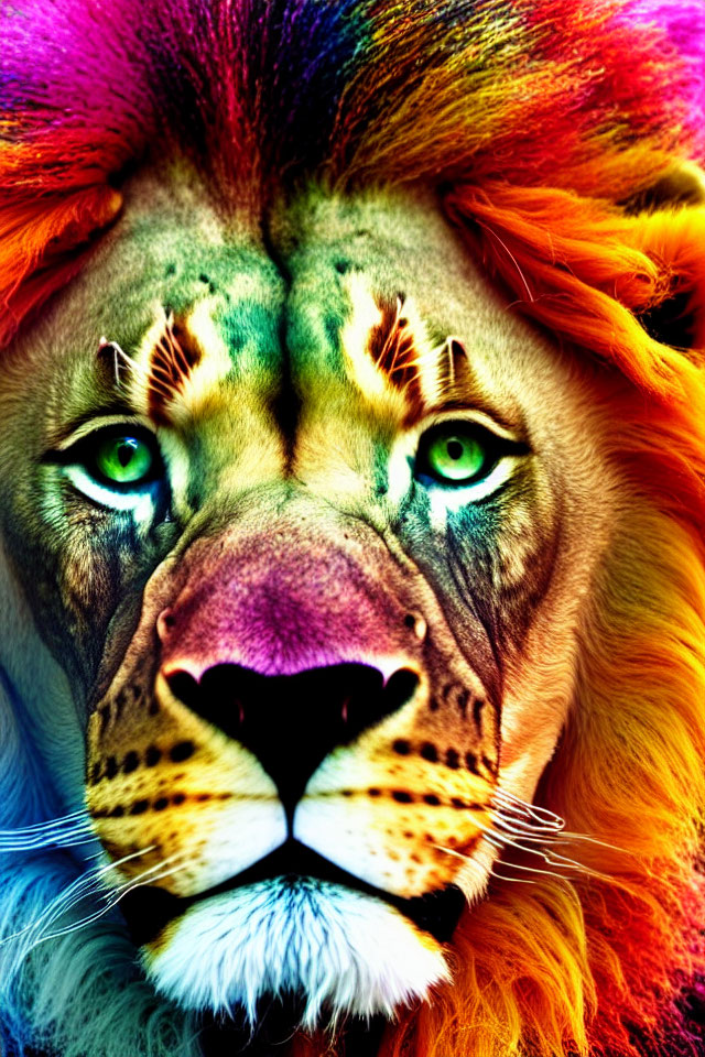 Digitally Altered Image: Lion with Rainbow Mane & Intense Gaze