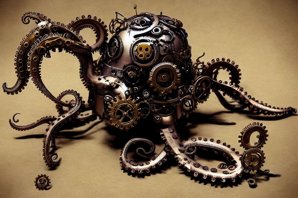 Intricate Steampunk Mechanical Octopus Sculpture on Brown Background