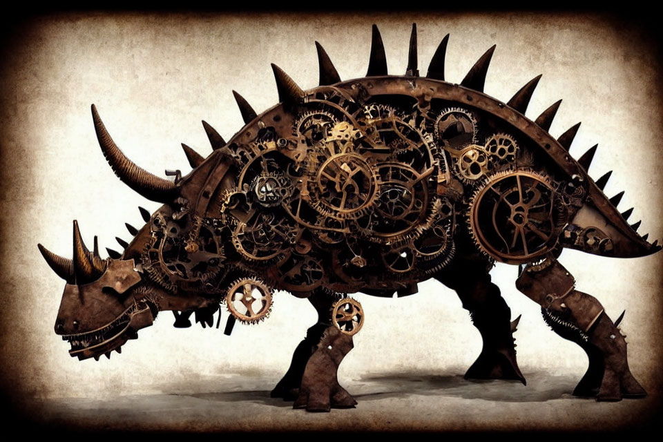 Mechanical triceratops with clockwork components on parchment-style background