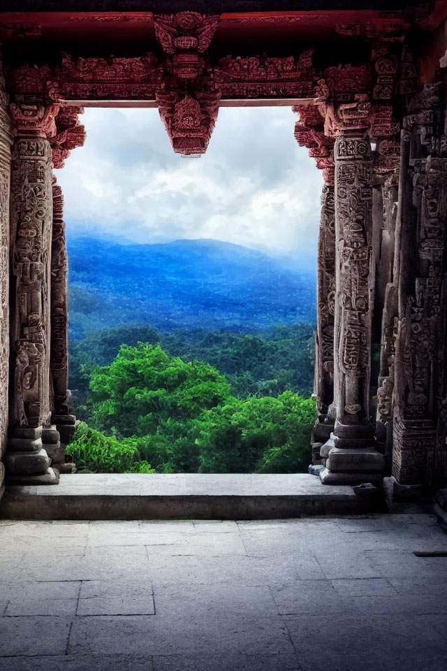 Lush Green Forest and Mountains with Ancient Temple Entrance