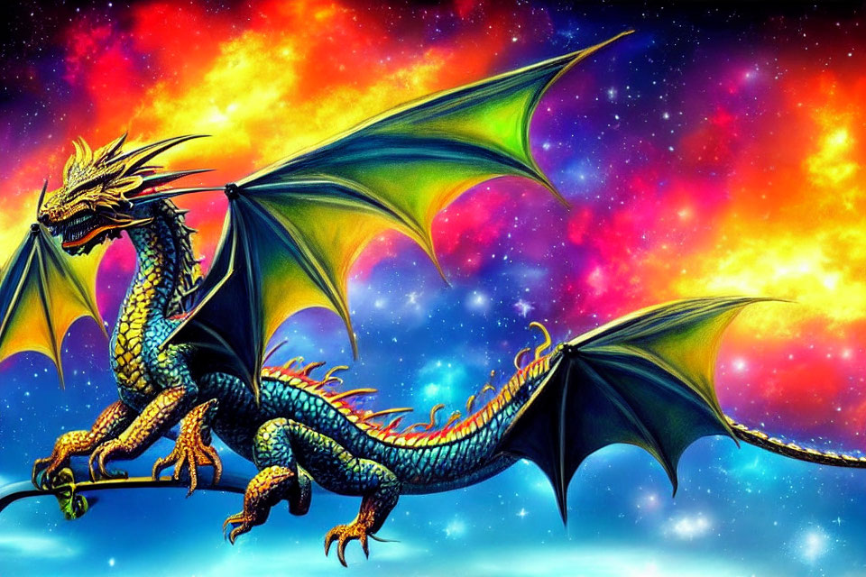 Majestic dragon with expansive wings in vibrant cosmic sky