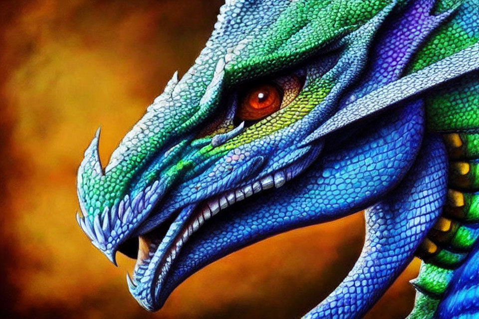 Detailed Dragon Head Illustration with Blue Scales and Orange Eye