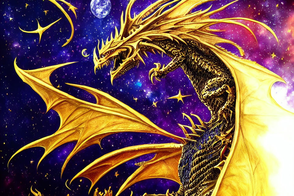 Golden dragon with expansive wings in cosmic background