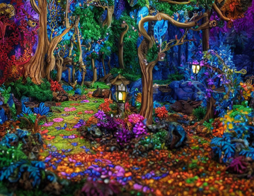 Colorful Miniature Forest Scene with Whimsical Trees and Glowing Lamp Post