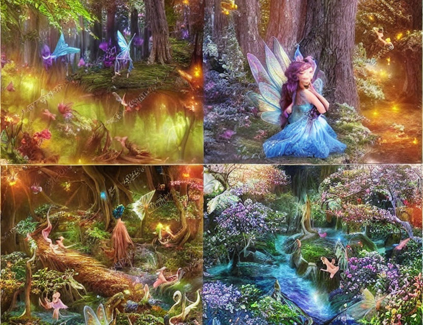 Enchanted forest scenes with fairies, lights, and vibrant flora