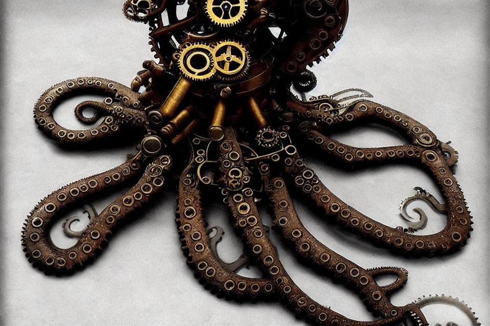 Steampunk octopus sculpture with metallic gears, chains, and cogs on gray background