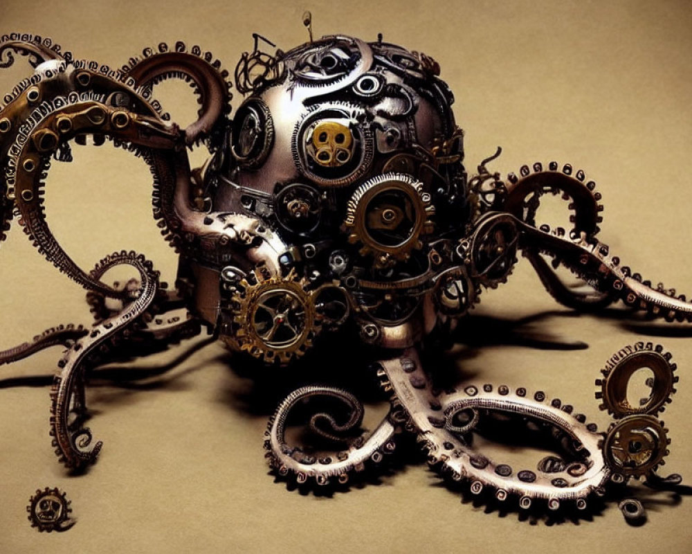 Intricate Steampunk Mechanical Octopus Sculpture on Brown Background