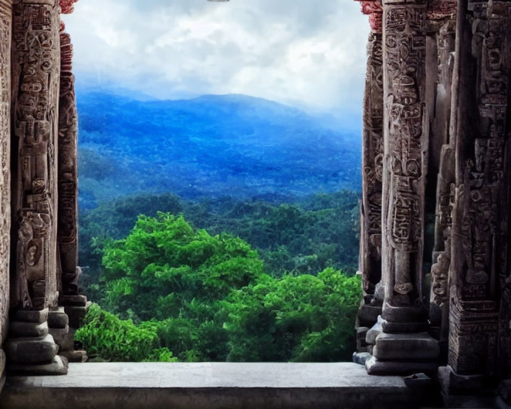 Lush Green Forest and Mountains with Ancient Temple Entrance