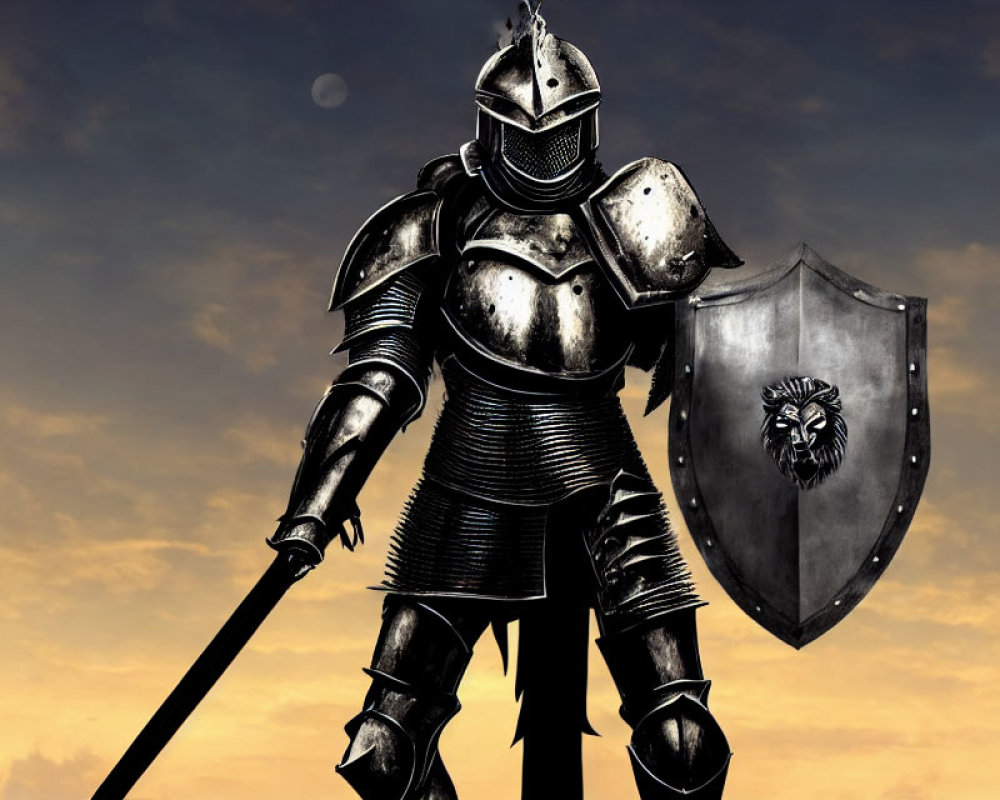 Knight in shining armor with spear and shield under dramatic sky.