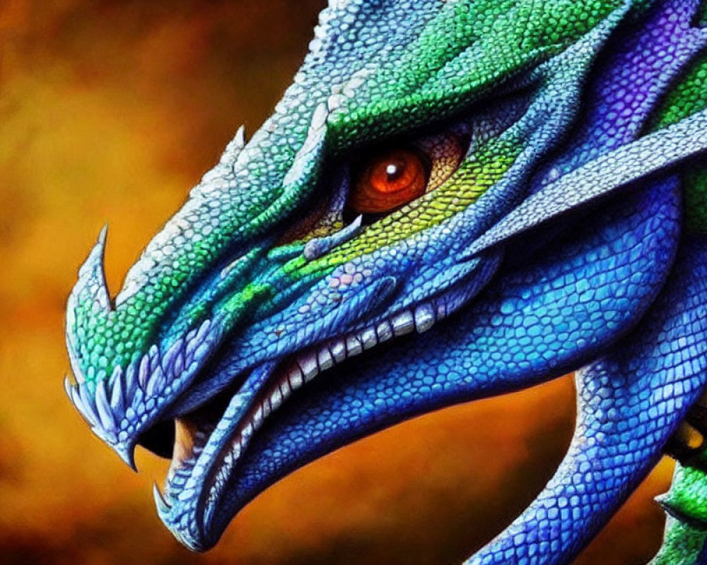 Detailed Dragon Head Illustration with Blue Scales and Orange Eye