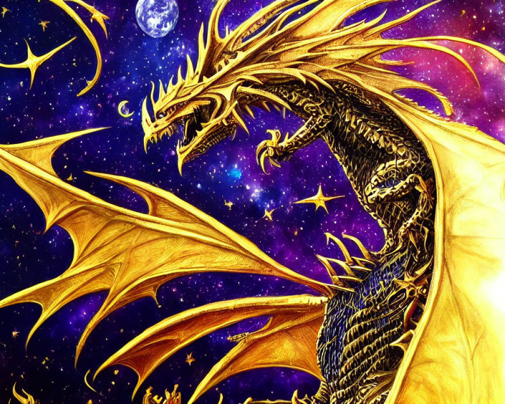 Golden dragon with expansive wings in cosmic background