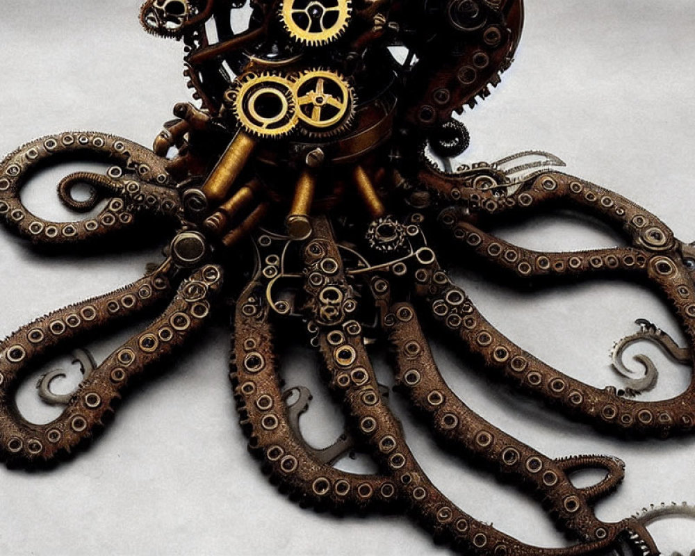 Steampunk octopus sculpture with metallic gears, chains, and cogs on gray background