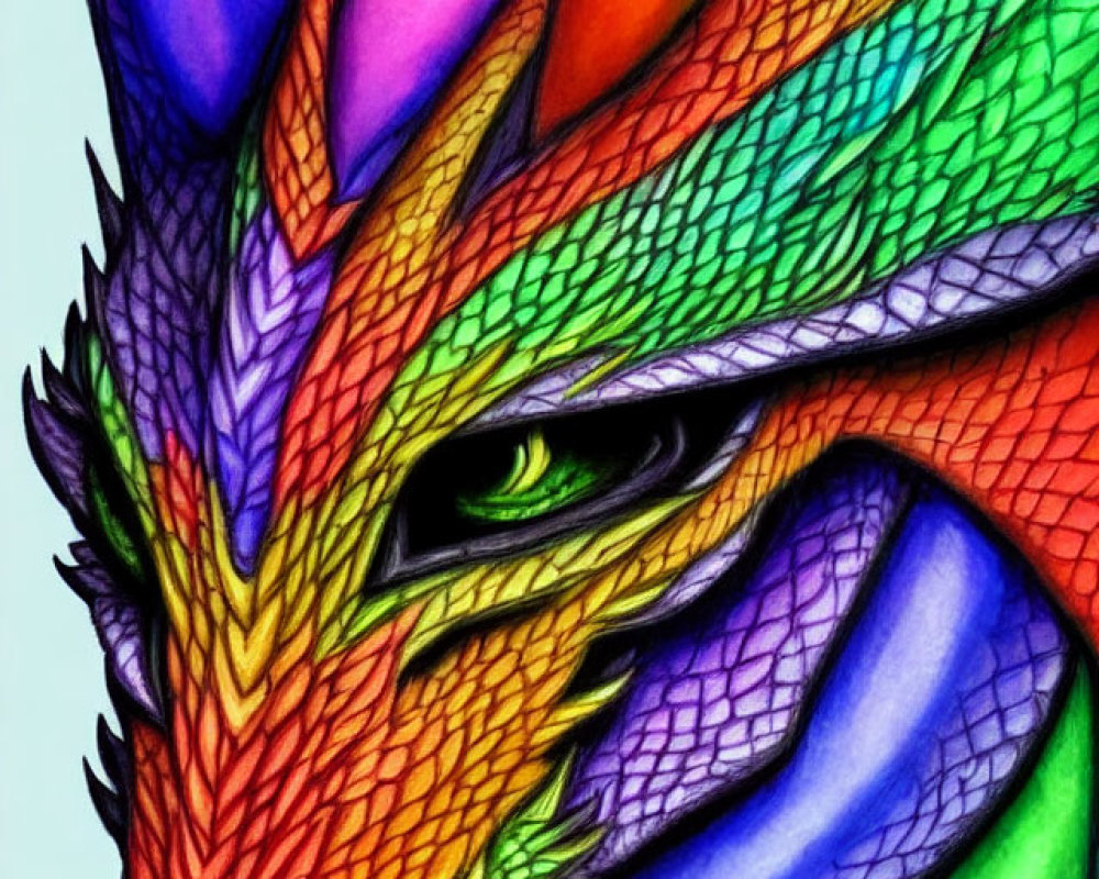 Colorful Dragon Head Illustration with Detailed Multicolored Scales