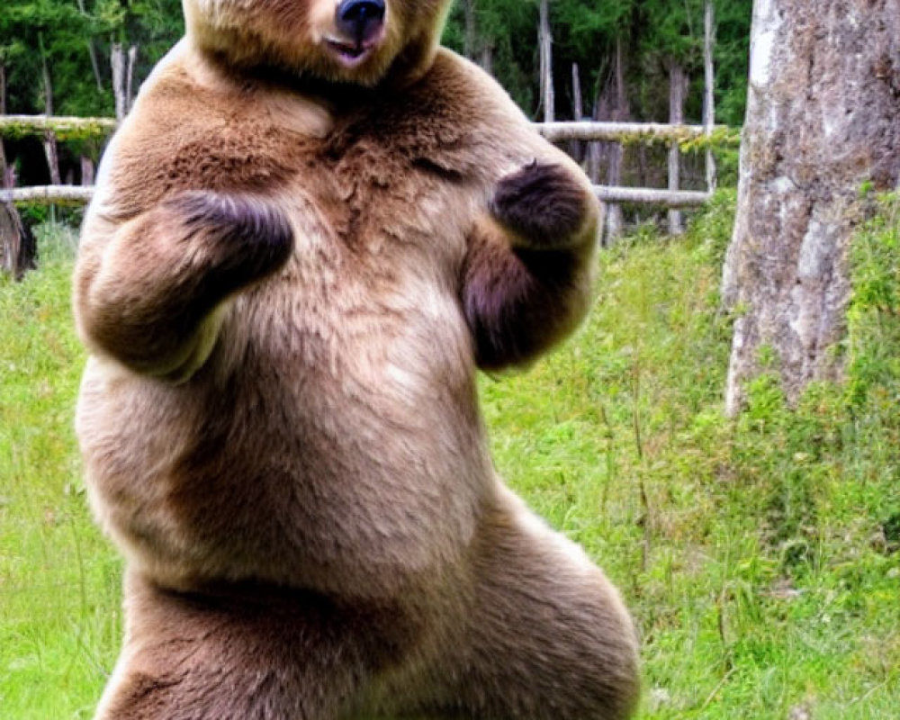 Brown Bear Standing Upright in Grassy Area with Tree and Fence