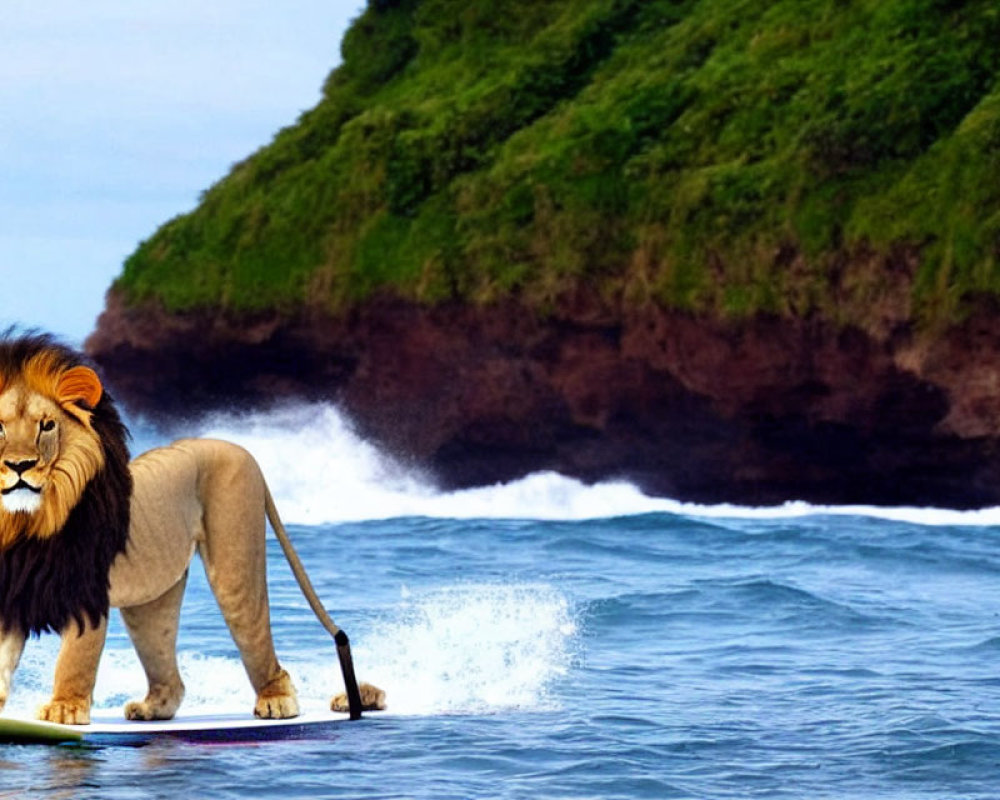 Lion with lush mane on surfboard by shore with waves & cliff