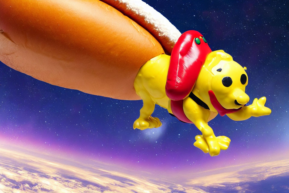 Yellow Cartoon Dog Flying Through Sky Merged with Hot Dog Bun