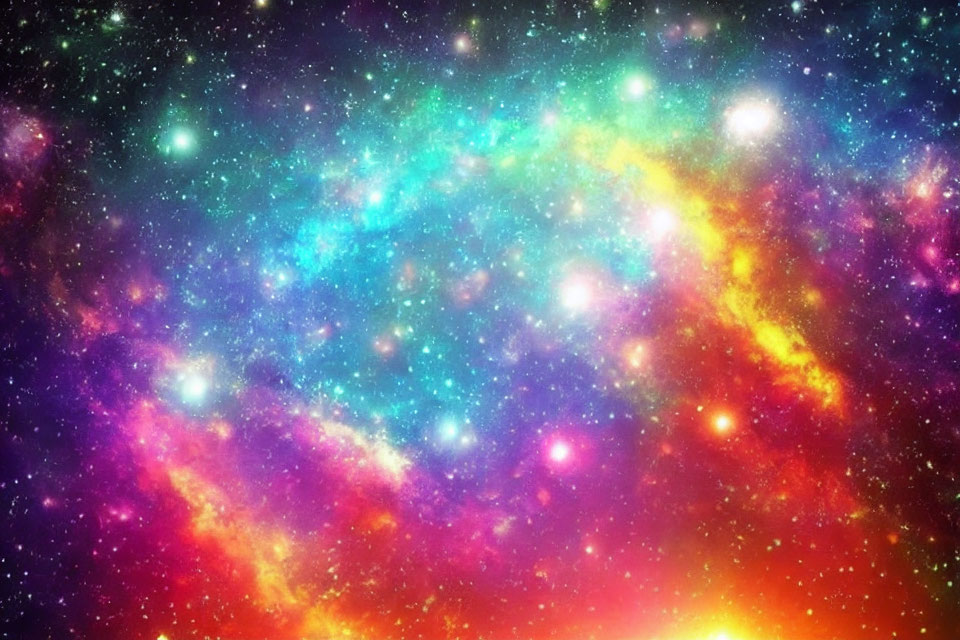 Colorful Cosmic Scene with Stars and Nebulae in Blue, Purple, Pink, and Yellow