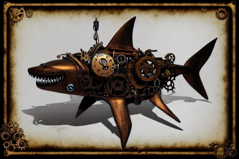 Steampunk Mechanical Shark with Gears on Aged Paper Background