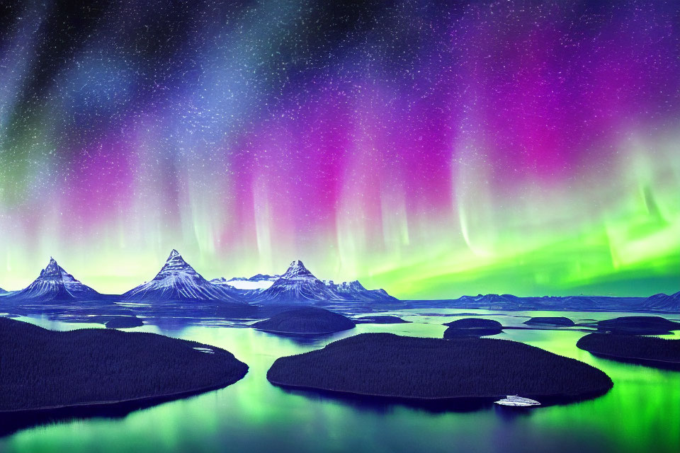 Spectacular aurora borealis over snowy mountains & dark waters