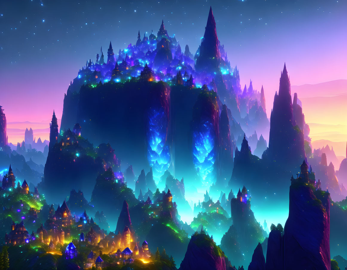 Fantasy landscape with floating mountains and luminous crystals at night