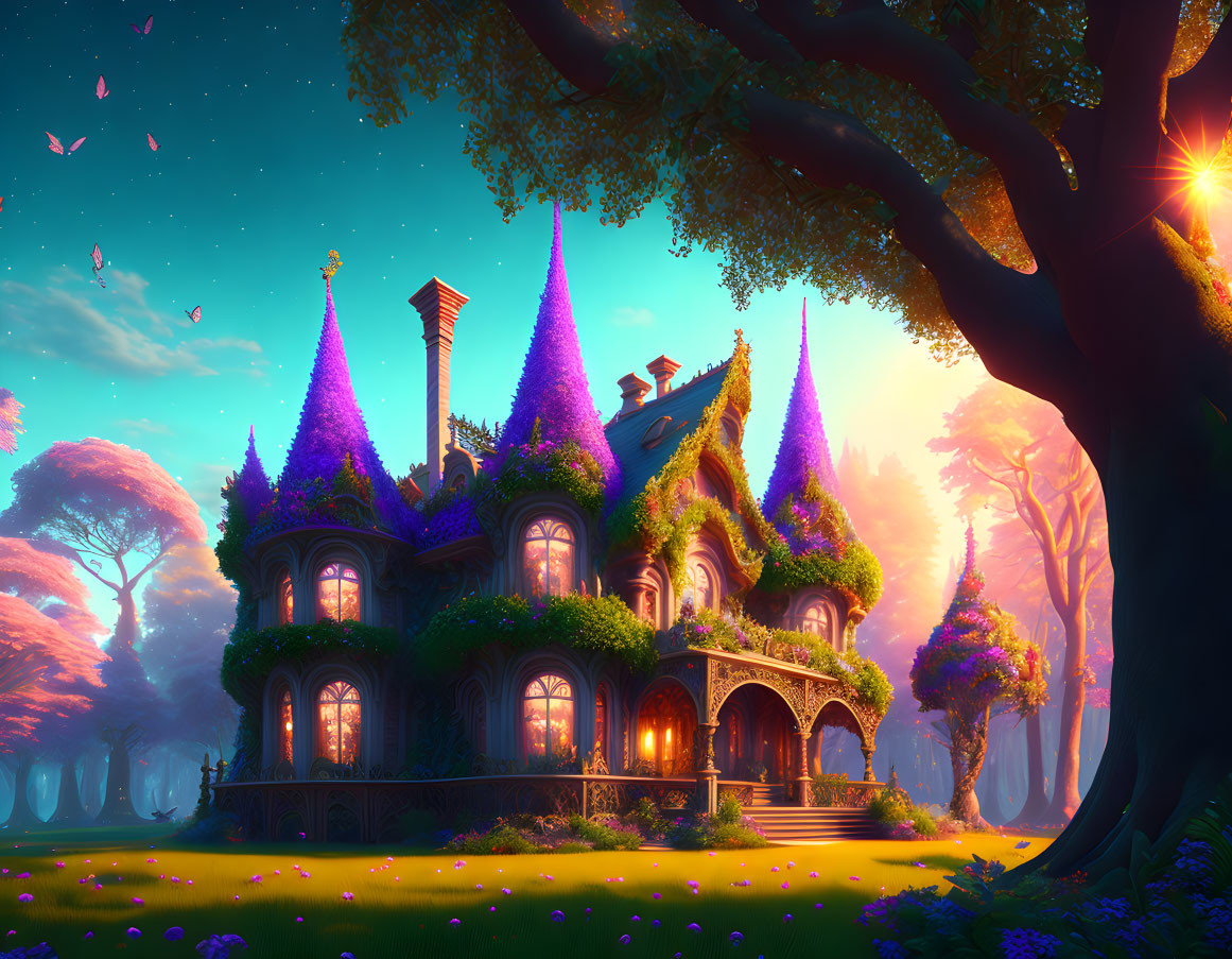 Fairytale mansion with purple trees and mystical sunset ambiance