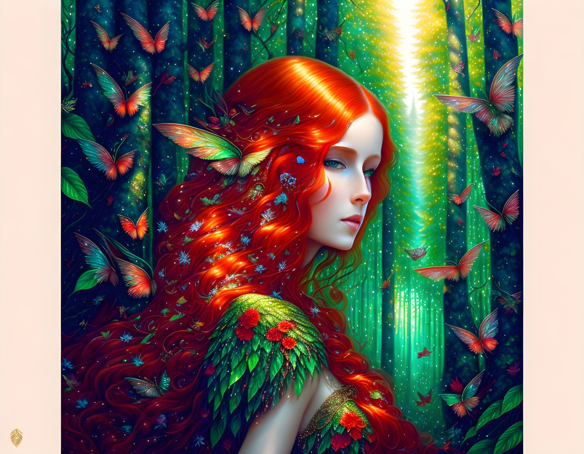 Fantasy illustration of woman with red hair and green wings in enchanted forest