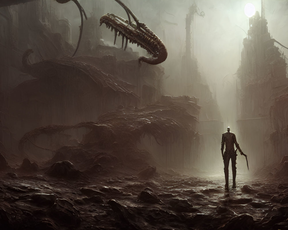 Lone figure in dystopian cityscape with ruin and monstrous creature.