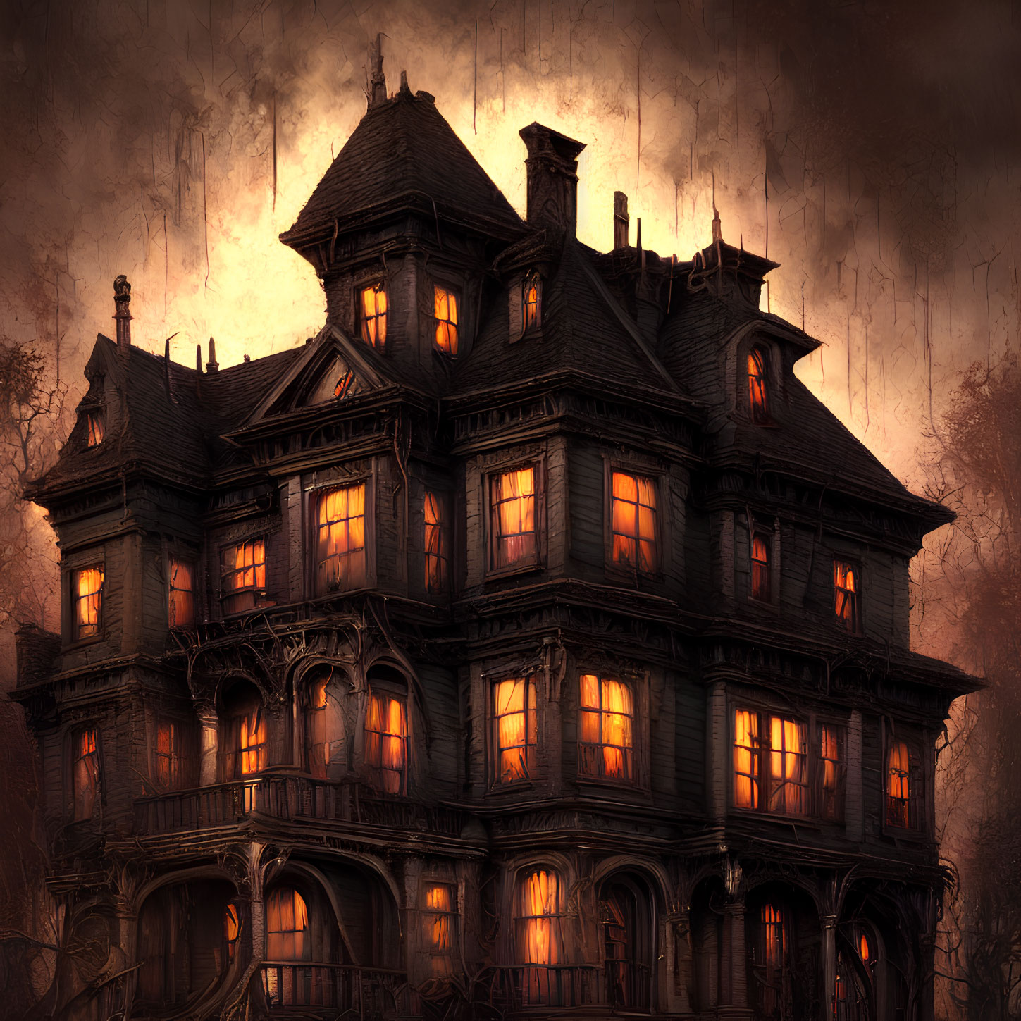 Gothic-style house with glowing windows under dark, rainy sky