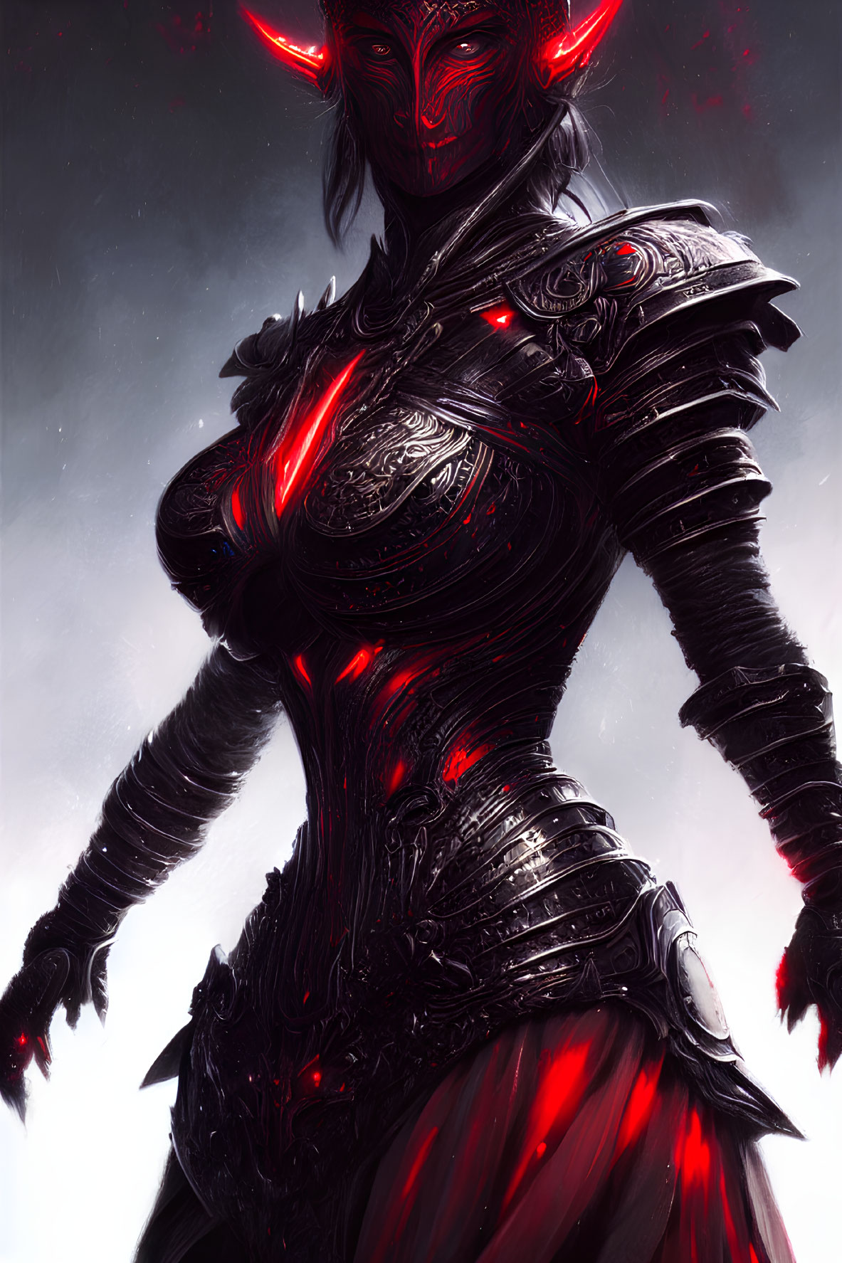 Digital Art: Humanoid Figure in Black Armor with Red Accents