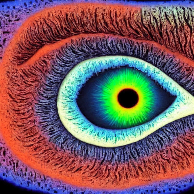 Close-up Vibrant Eye Photo with Psychedelic Blue, Green, and Orange Colors