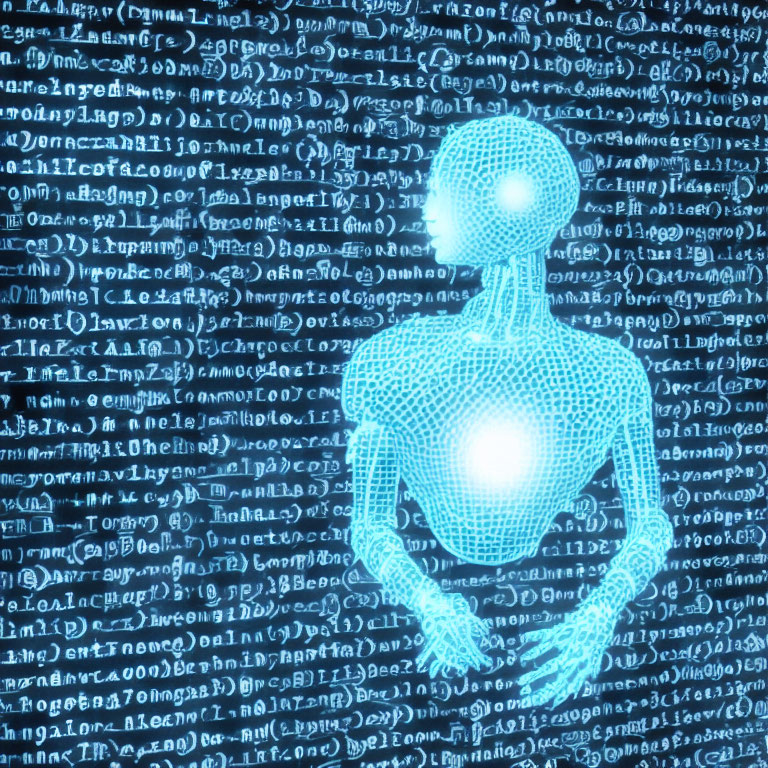 Blue Glowing Humanoid Figure in Digital Code with Green Matrix Background