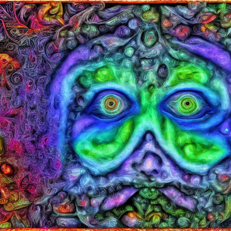 Colorful Psychedelic Digital Artwork of Abstract Face with Prominent Eyes