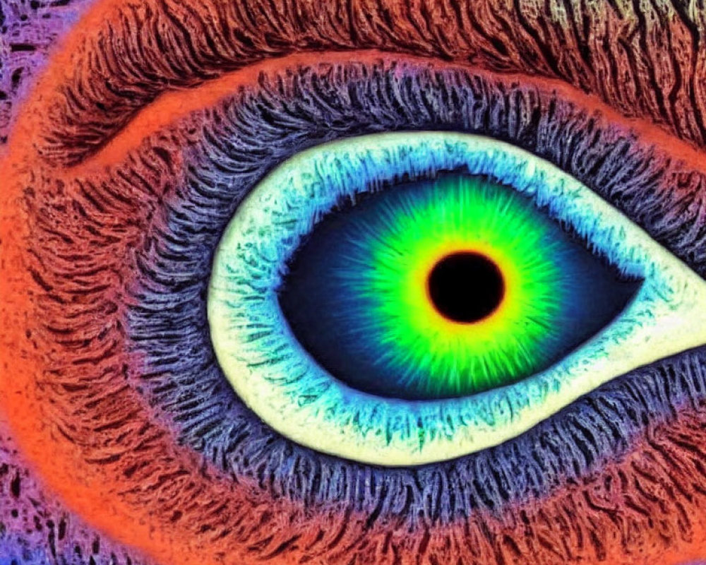 Close-up Vibrant Eye Photo with Psychedelic Blue, Green, and Orange Colors