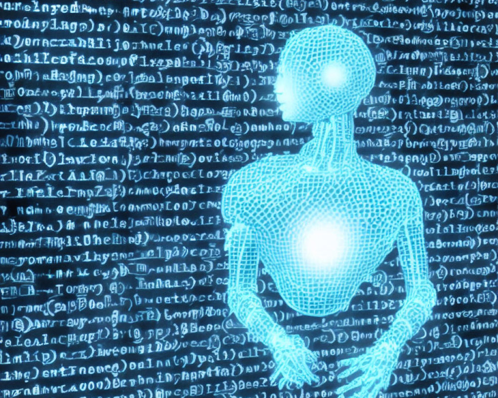 Blue Glowing Humanoid Figure in Digital Code with Green Matrix Background