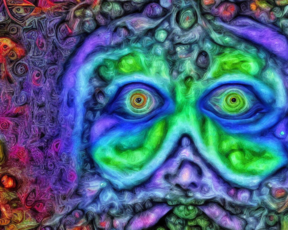 Colorful Psychedelic Digital Artwork of Abstract Face with Prominent Eyes