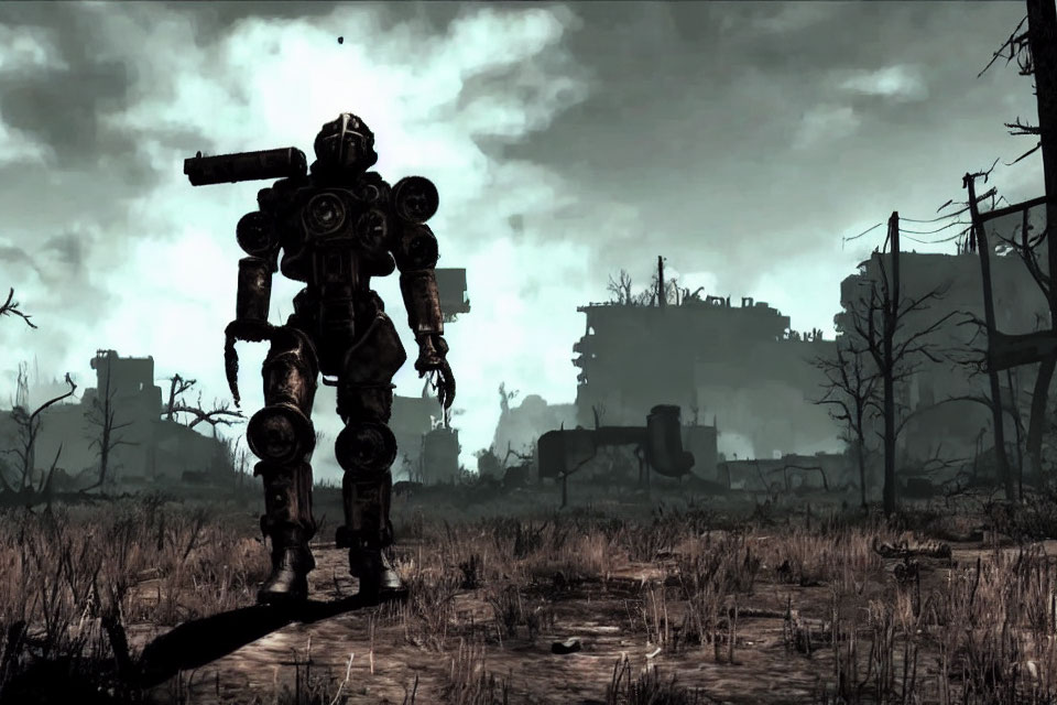 Post-apocalyptic landscape with figure in heavy power armor