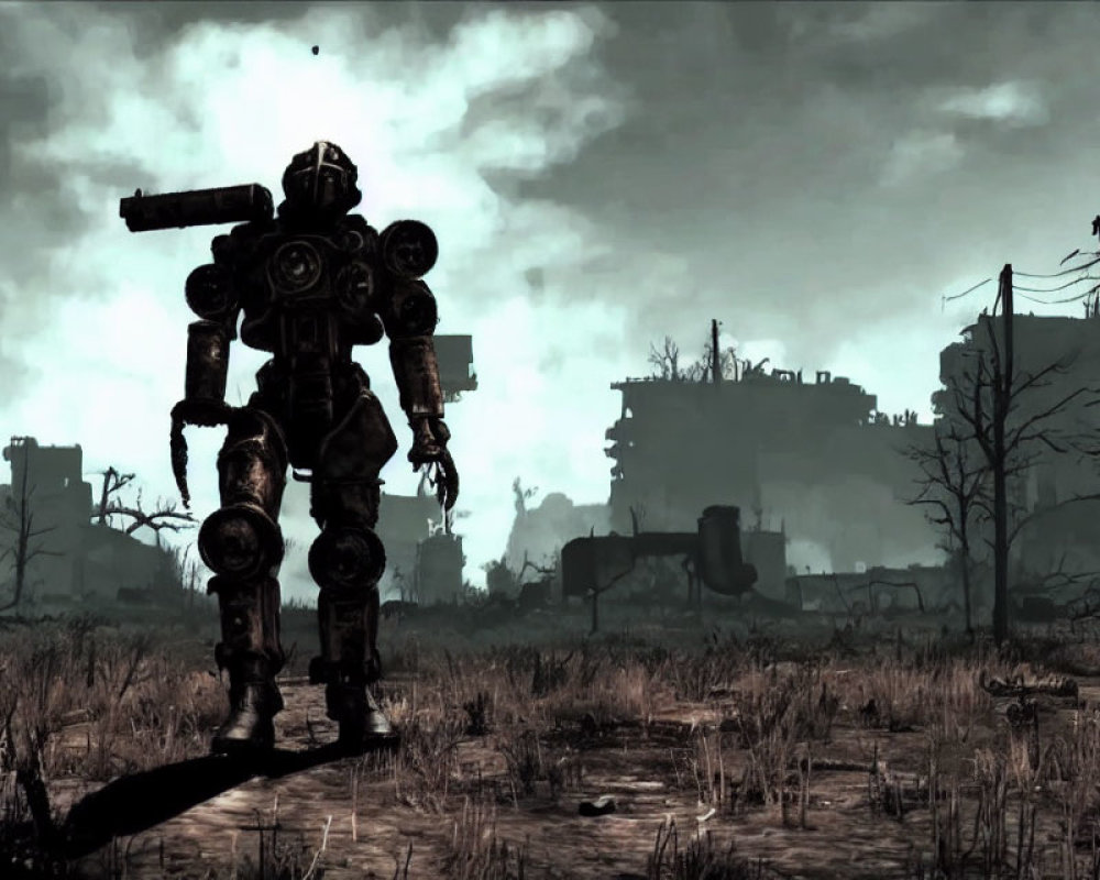 Post-apocalyptic landscape with figure in heavy power armor