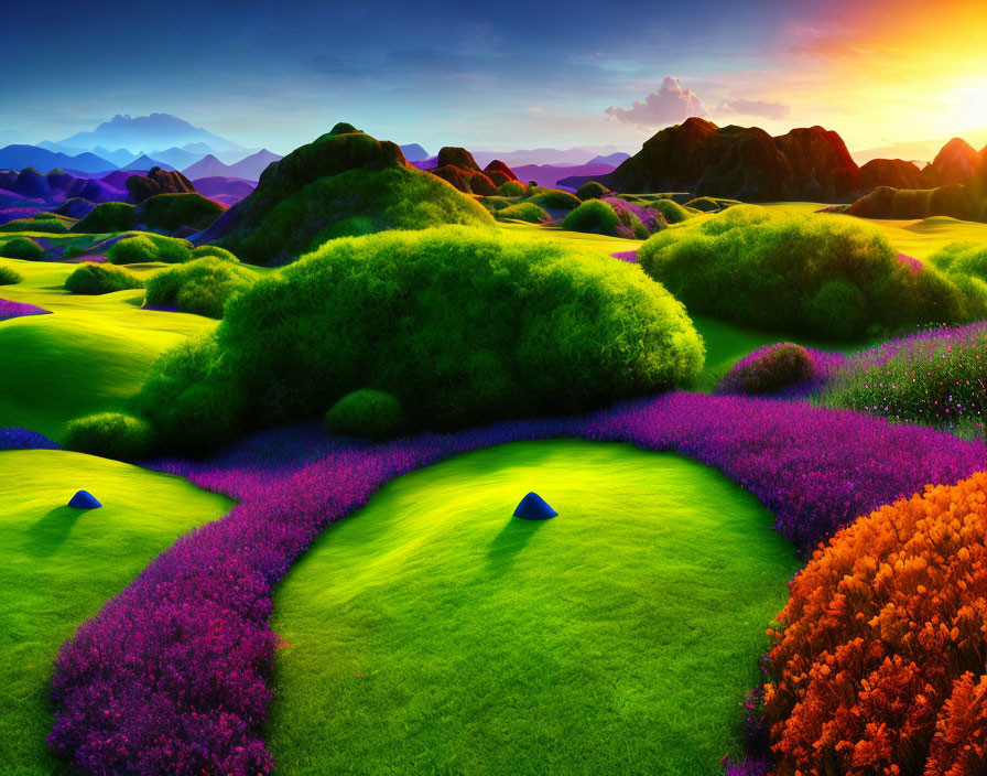 Scenic landscape: rolling green hills, purple flowers, dramatic sunrise sky.