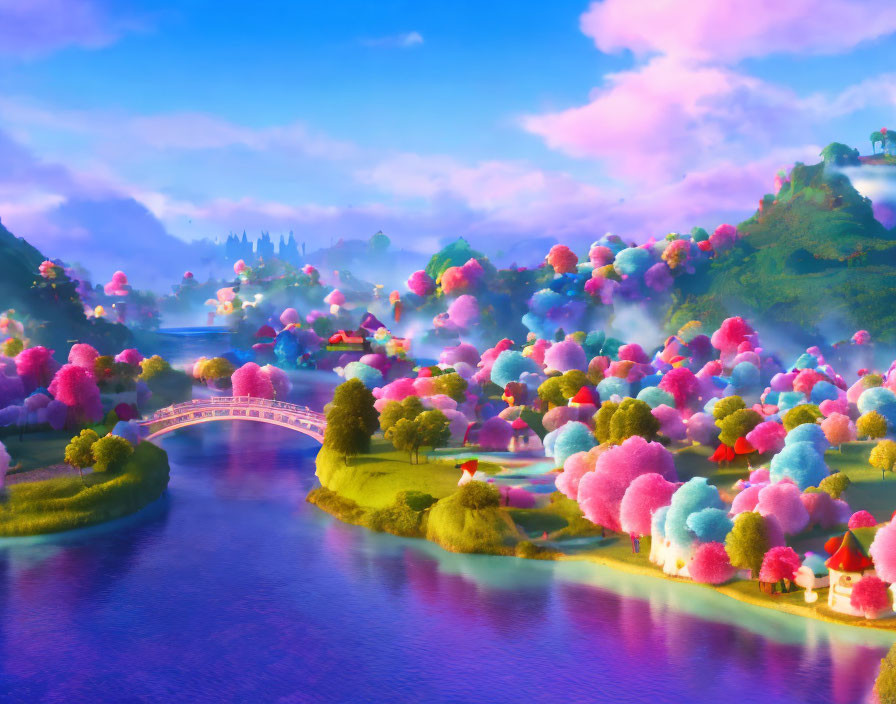 Colorful Animated Landscape with Fluffy Trees, River, Bridge, and Quaint Houses