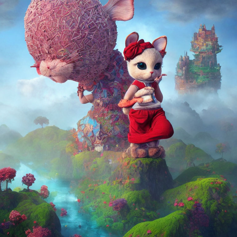 Anthropomorphic mouse in red clothing with flute on rocky pinnacle.