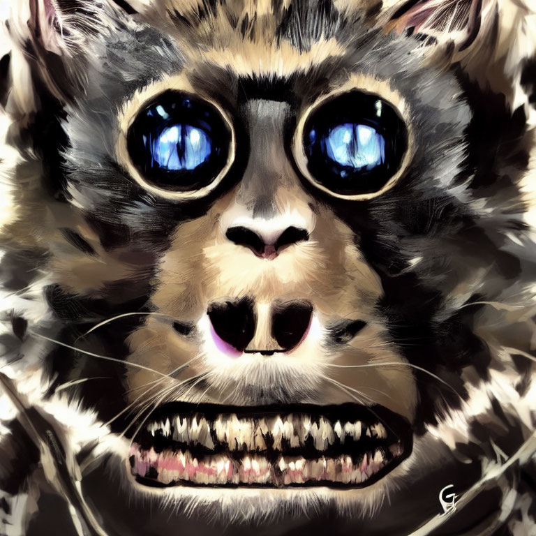 Wild Cat Face with Intense Blue Eyes and Prominent Teeth in Brown and Tan Fur