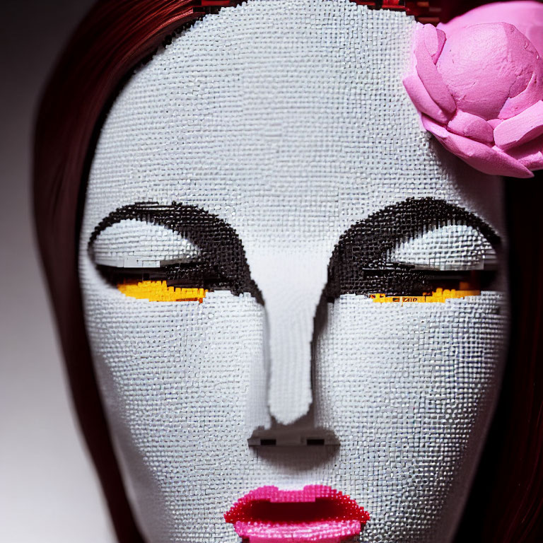 Detailed Close-Up of Pixelated Woman's Face with Red Hair and Yellow Eyes